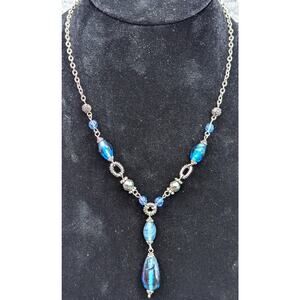 Lia Sophia Necklace, Blue Glass Beads, Silver-tone, Drop, Signed, Lobster Clasp